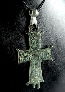 Byzantine Bronze Reliquary Cross Pendant