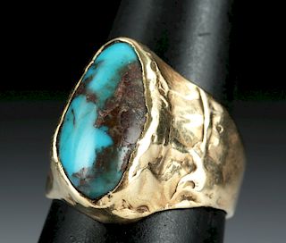 20th C. Native American 12K Gold Ring w/ Turquoise
