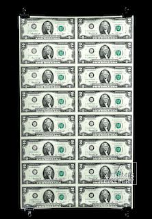 Sheet of 16 Uncut US $2 Bills, 1976