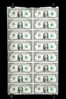 Sheet of 16 Uncut US $1 Bills, 1981