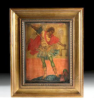 Framed Russian Icon - St. Michael vs. Satan, Dated 1838