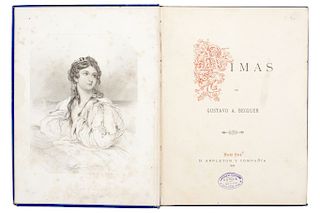 Becquer, Gustavo Adolfo. Rimas. Nueva York: D. Appleton y Compa–’a, 1890. 8o. marquilla, 61 p. + 3 litograf’as (M. Gibbs).