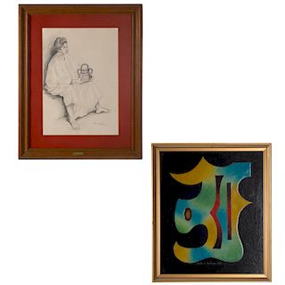 Lote de 2 obras pict—ricas. Consta de Carlos R. Mart’nez. "La m‡scara" y Ramona Arnau. Mujer con vasija.