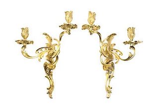 A Pair of Rococo Style Gilt Bronze Two-Light Sconces, Height 16 inches.