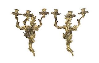 A Pair of Louis XV Style Gilt Bronze Three-Light Sconces, Height 17 1/2 inches.