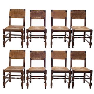 Juego de 8 sillas. Siglo XX. En talla de madera. Con asiento y respaldo de palma tejida. Respaldo rectangular y soportes compuestos.