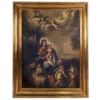 An—nimo. La Virgen Mar’a con el ni–o Jesœs y San Juan Bautista. îleo sobre fibracel. Enmarcado en madera dorada.