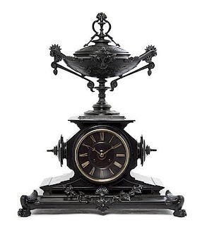 A Continental Bronze Mounted Slate Mantel Clock, Height 23 1/2 inches.