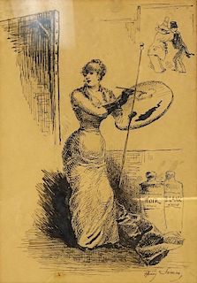 Henri Somm 19th C French Pen & Ink Sketch on Paper