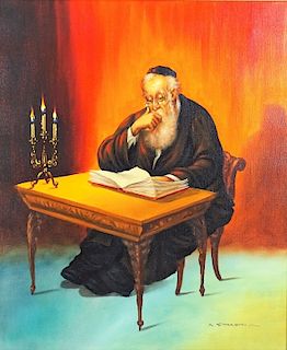 Abraham Straski 1903-1987 Rabbi Study Oil Painting