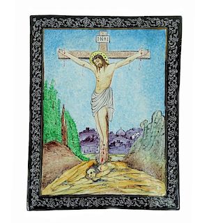 Italian Enameled Plaque of Crucified Jesus Christ