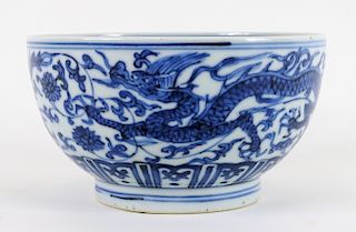 Antique Chinese Blue & White 5 Toe Dragon Bowl