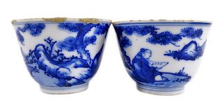 Pair of Chinese Blue & White Porcelain Teacups