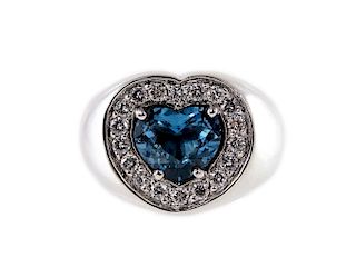 18K White Gold Blue Topaz & Diamond Heart Ring