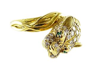 Estate 18K Gold Diamond & Emerald Wildcat Ring