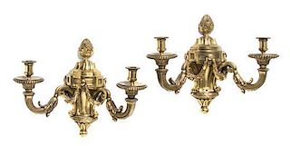 A Pair of Louis XVI Style Gilt Bronze Two-Light Sconces, Height 14 1/2 inches.