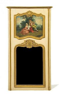 A Louis XVI Style Gilt and Cream Painted Trumeau Mirror, Height 52 3/4 x width 29 1/2 inches.