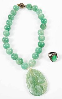 Silver Green Hardstone Necklace & Ring