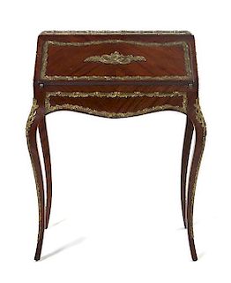 A French Transitional Style Gilt Metal Mounted Mahogany Bureau en Pente, Height 36 3/4 x width 26 1/2 x depth 18 1/4 inches.