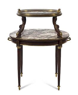 A Louis XVI Style Gilt Bronze Mounted and Marble Inset Two-Tiered Etagere, Height overall 41 1/2 x width 34 1/2 x depth 26 inche