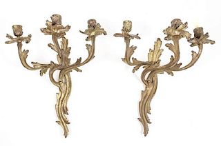 Pair of French Gilt Bronze 3 Arm Candle Sconces