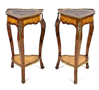 A Pair of Louis XV Style Gilt Metal Mounted Marquetry Tables, Height 34 1/4 x width 21 1/4 x depth 22 inches.