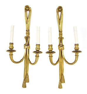 A Pair of Louis XVI Style Gilt Bronze Two-Light Sconces, Height 26 1/2 inches.