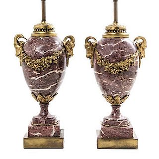 A Pair of Louis XVI Style Gilt Bronze Mounted Urns, Height of urns 18 1/2 inches.