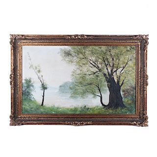 Vista de paisaje con lago y árbol. Siglo XX. Óleo sobre tela. Firmado y fechado "Aotin" 68. 59 x 99 cm