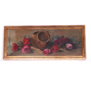 Bodegón de cántaro con rosas. Siglo XX. Óleo sobre lienzo. Firmado Beltrán. Enmarcado. 38 x 90 cm.