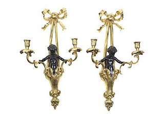 A Pair of Louis XVI Style Gilt Bronze Two-Light Sconces, Height 22 1/4 inches.