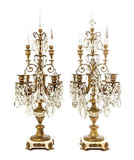 A Pair of Louis XVI Style Gilt Bronze and Marble Four-Light Candelabra, Height 32 5/8 inches.
