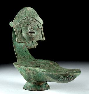 Impressive Roman Bronze Oil Lamp w/ Mask Handle