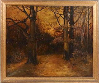 American School Oil "Wooded Landscape at Twilight"