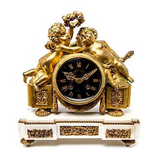 A Louis XVI Style Gilt Bronze and Marble Figural Mantel Clock, Height 12 3/4 inches.