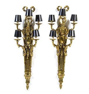 A Pair of Louis XVI Style Gilt Bronze Five-Light Sconces, Height 41 1/2 inches.
