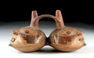 Nazca Pottery Double-Trophy Head Stirrup Vessel