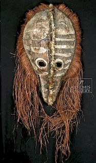 Large 20th C. PNG Abelam Bark Mask with Feathers
