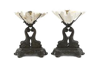 A Pair of Neoclassical Bronze and Sea Shell Tazze, Height 9 inches.