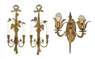 A Pair of Neoclassical Style Brass Two-Light Sconces, Height of first 23 1/2 inches.