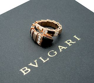 Bulgari 18k Rose 1.50 TCW Pave Diamond Onyx Ring