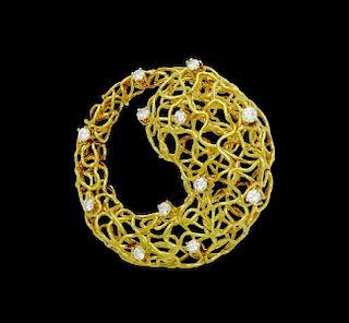Designer 18k Yellow Gold & Diamond Wire Pin Brooch