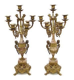 A Pair of Neoclassical Gilt Metal and Marble Six-Light Candelabra, Height 23 3/4 inches.