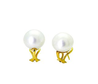18k Yellow Gold 14mm Cultured Pearl Earrings