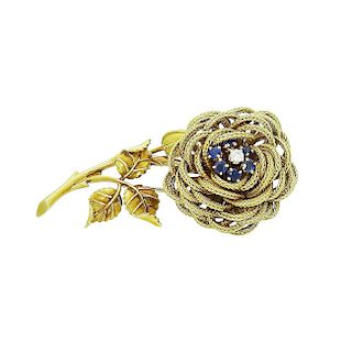 French 18K Yellow Gold Sapphire & Diamond Flower Brooch
