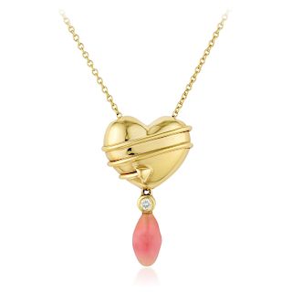 Tiffany & Co. 18K Gold Heart and Conch Pearl Drop Necklace