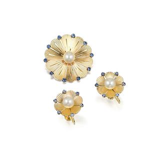A 14K Gold Pearl and Sapphire Flower Brooch and Earring Set