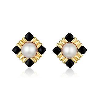 A Pair of 18K Gold Mabe Pearl and Black Enamel Earrings