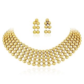 An 18K Gold Beaded Link Necklace and Earclip Set, Italian