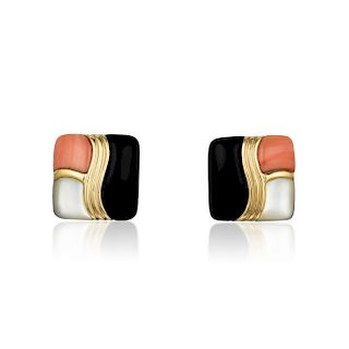 A Pair of 14K Gold Coral Onyx and Mother of Pearl Earrings